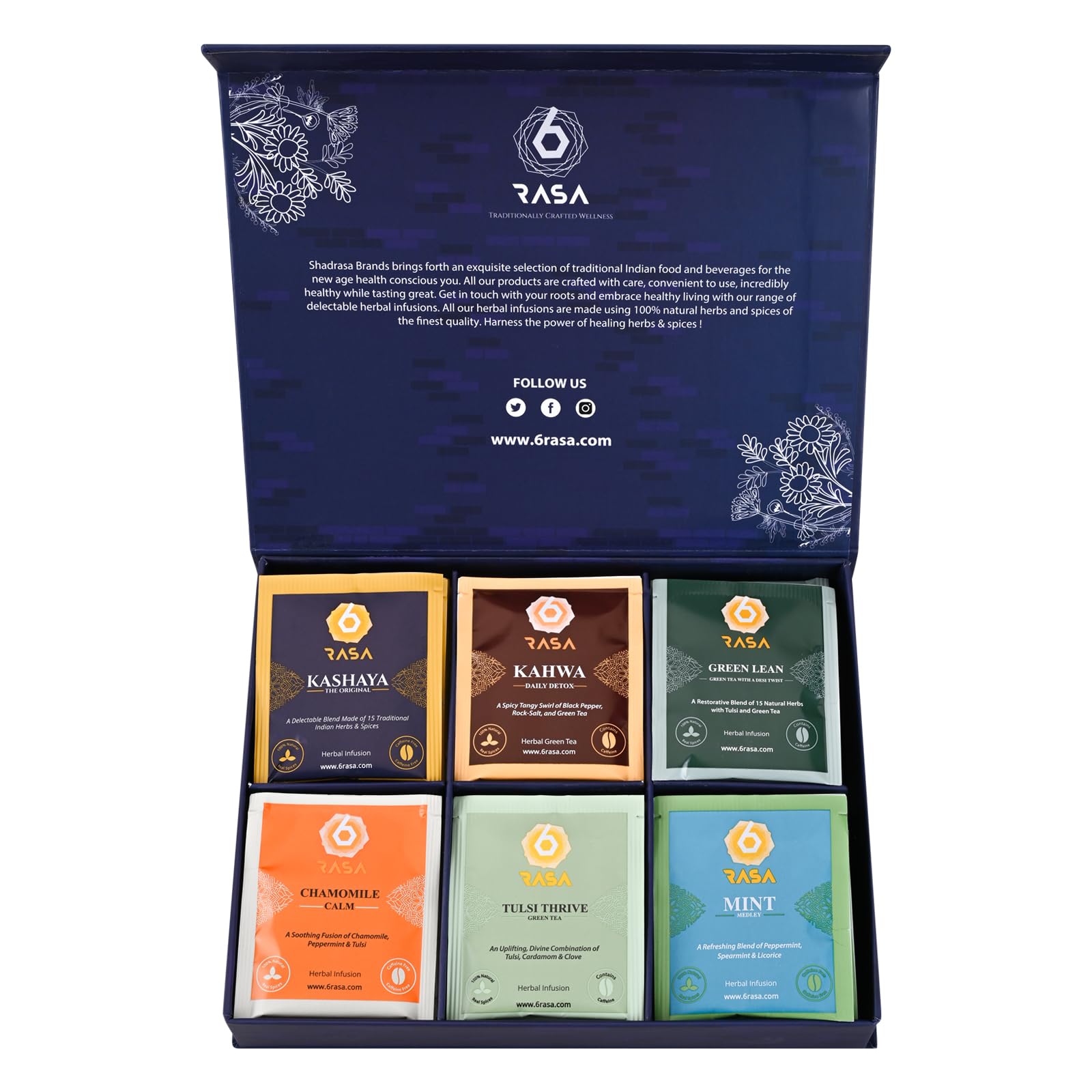 6rasa Gemischte Kräuter- und Grüntee-Auswahlbox 6 Geschmacksrichtungen, 30 Teebeutel Geschenkset Kamille, Minze, Tulsi, Kahwa, Kashaya & Grüner Schlankheitsteebeutel 100 blue