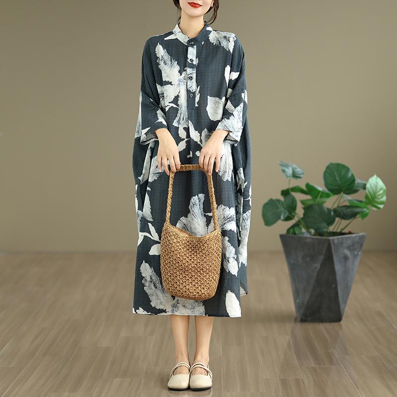 DIMANAF 2025 Women Plus Size Spring Long Dress Loose Basic Printing Vintage Casual Floral Oversize Long Sleeve Maxi