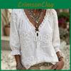 Vintage Geborduurde Blouse met Bloemenmotief, V-hals en Ruche Details voor Casual Kleding