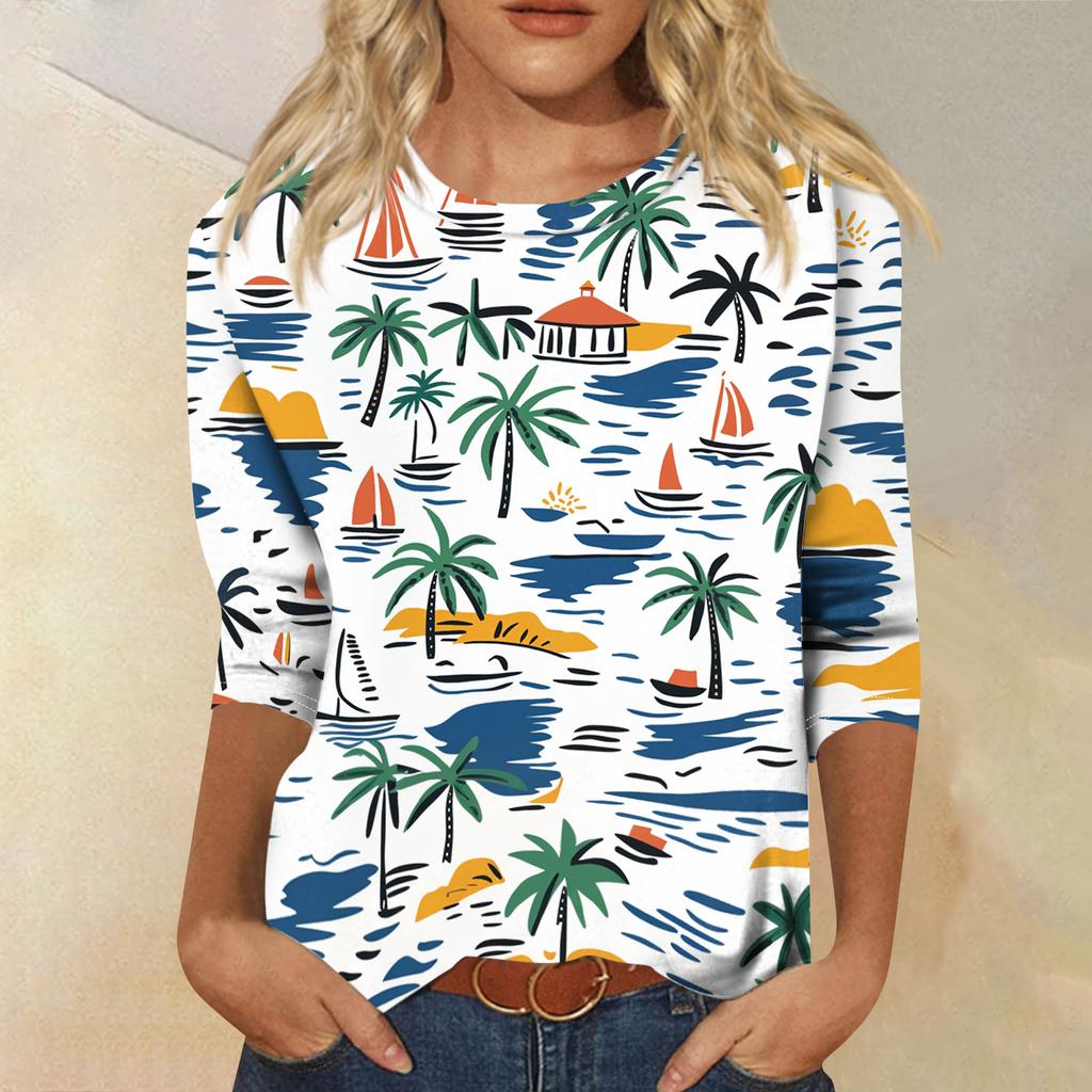 Módní vintage top s 3/4 rukávem pro ženy, dámská ležérní halenka s tříčtvrtečním rukávem a kulatým výstřihem s potiskem