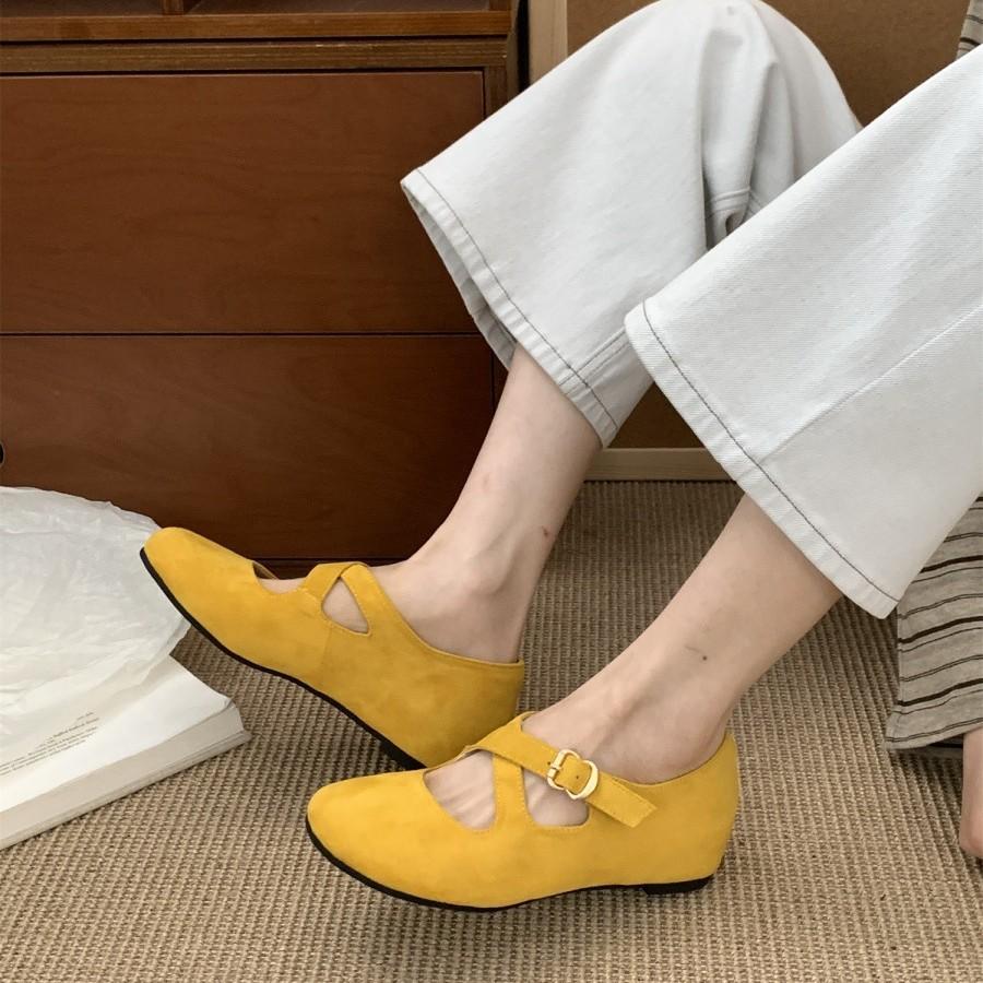2025 Simple and Versatile Suede Cross with Flat Mary Jane Shoes Retro Inner Height Increase Commuter Ballet Single Shoes Women