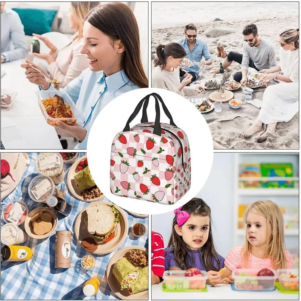 Insuated Lunch Bag for Women Kawaii Print Bags Cute Pink Plaid Reusable Lunch Box for Picnic Beach Office
