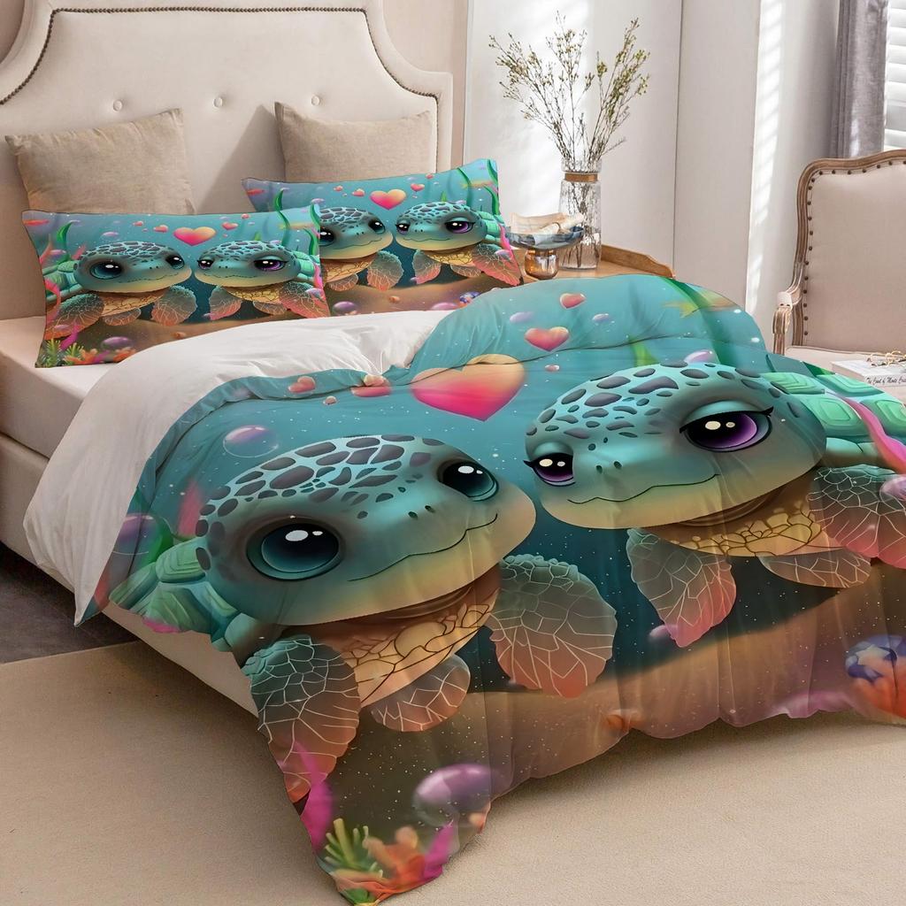 Cute Turtles Pattern 3D Printed Duvet Cover Set Cartoon Couple Style Bedding Set Soft Comfortable Luxury Quilt Cover Pillowcase