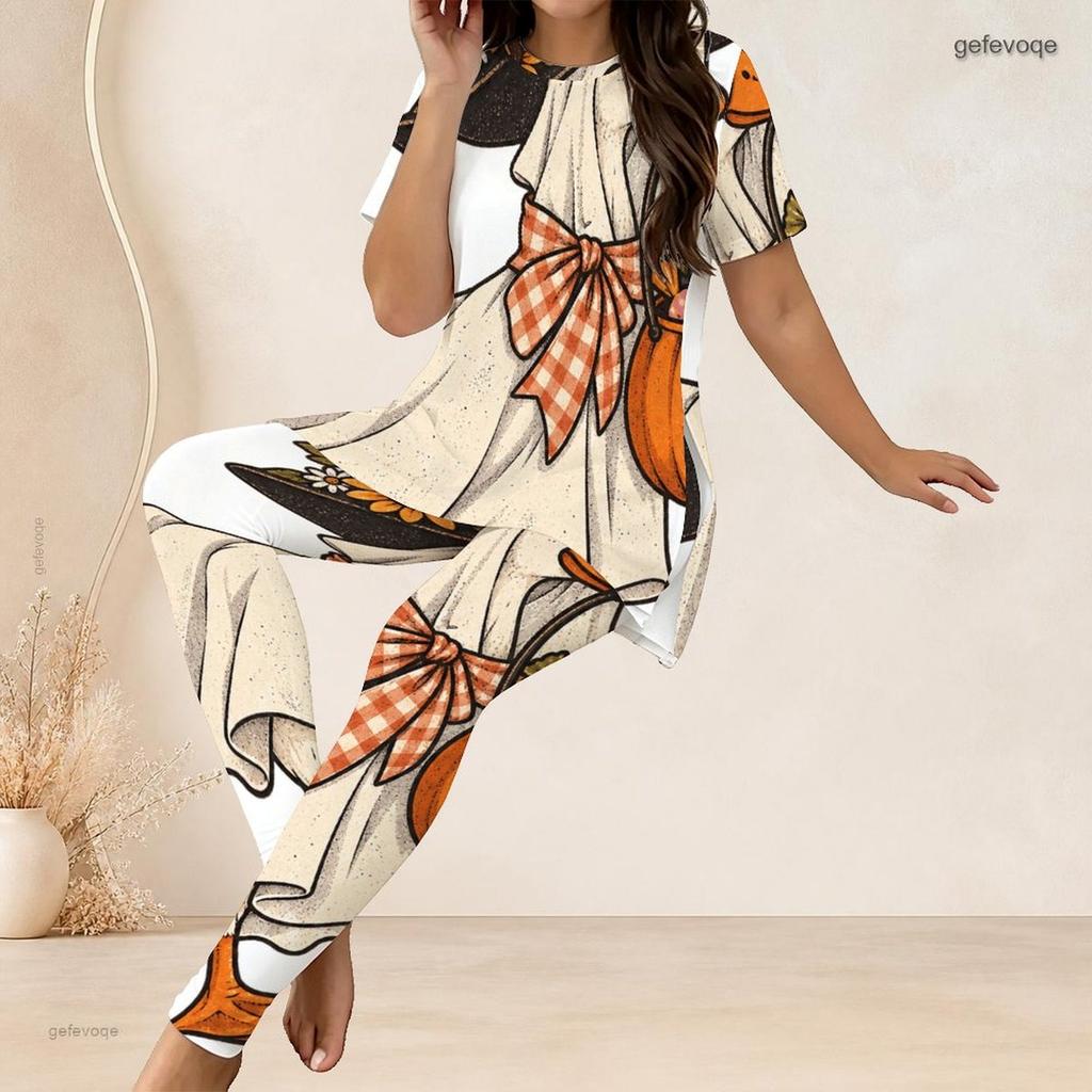 Women Plus Size Two Piece Set Round Neck Short Sleeve Owl Printed Longline Top Fitted Long Pants