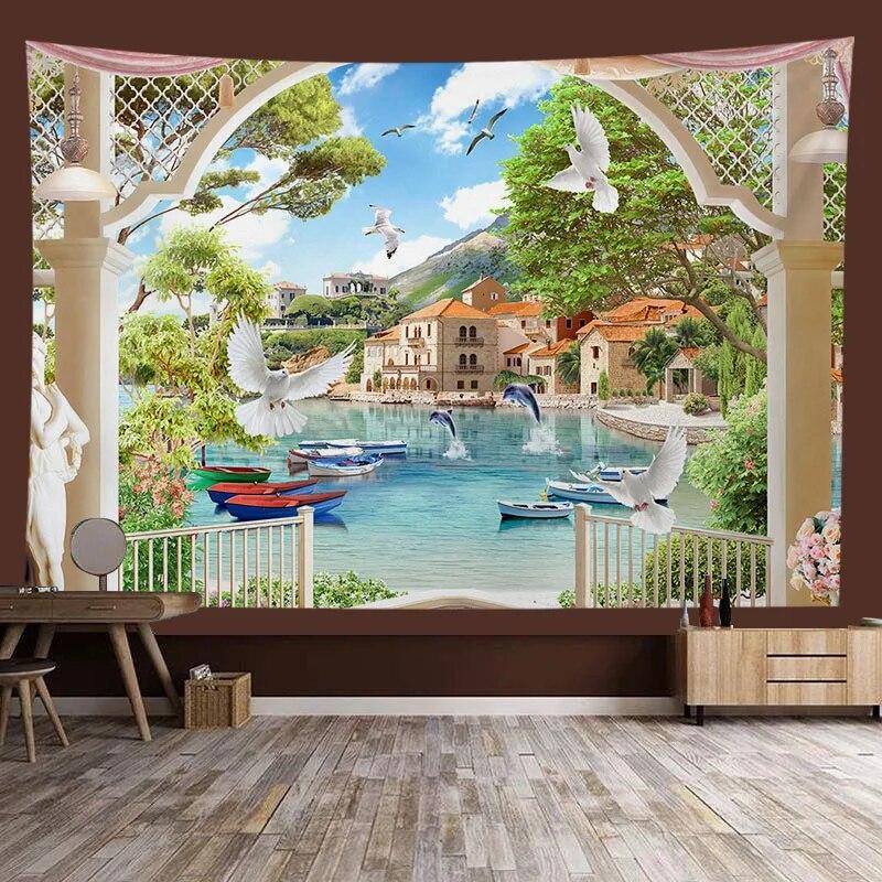 Window Sill Garden Beach View Large Tapestry Wall Hanging Bohemian Hippie Tapestry Room Aesthetic Living Room Home Decoration