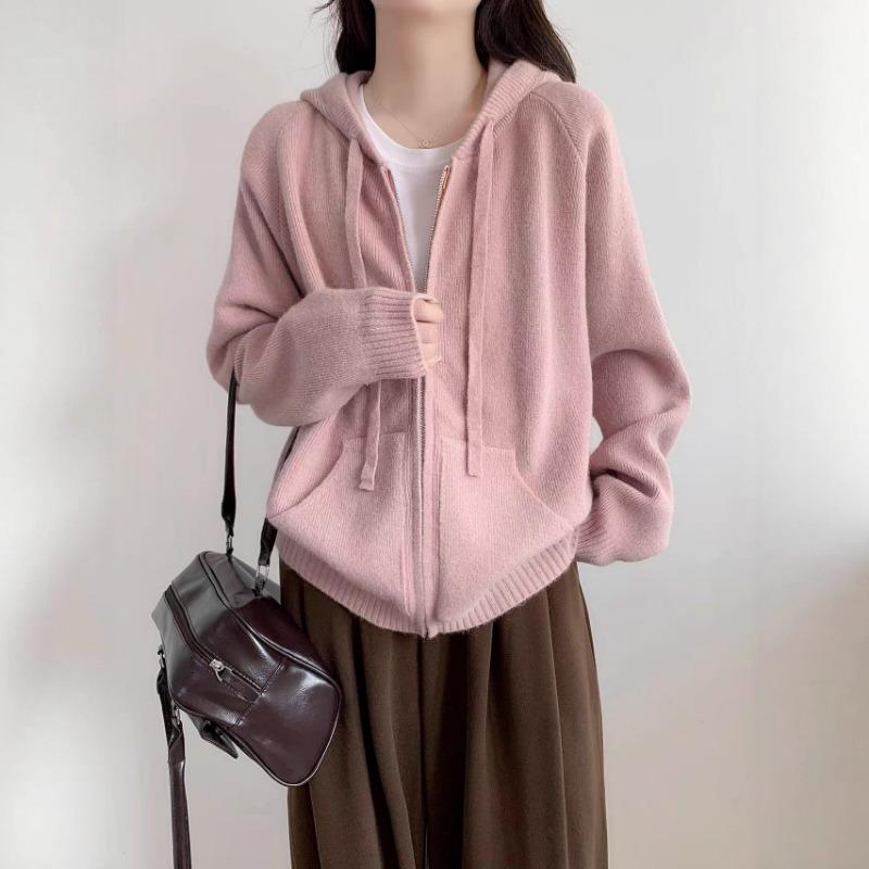 Lazy Wind Hooded Sweater Jacket Women's Autumn and Winter New Loose Casual Zipper Knitted Cardigan Jacket