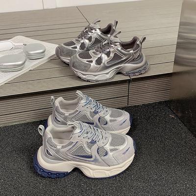 European Thick-soled Mesh Leather Dad Shoes Women's 2025 Autumn New Lace-up Heightening, Lightweight and Comfortable Sports and Leisure Shoes