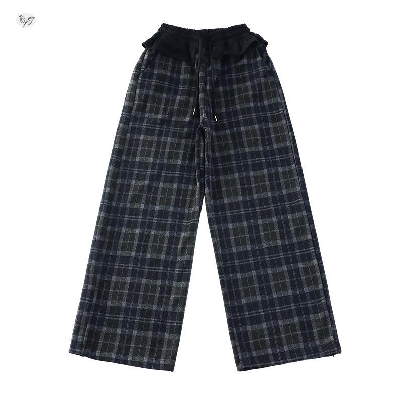 Girls' Plaid Wide-Leg Trousers with Lace Waist - Autumn 2026 Collection for Medium and Large Children.