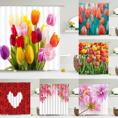 Tulpenrose Frische Blumen Duschvorhänge Wasserdichtes Polyestergewebe 3D-Druck Badezimmersichtschutz Heimdekoration Duschvorhang