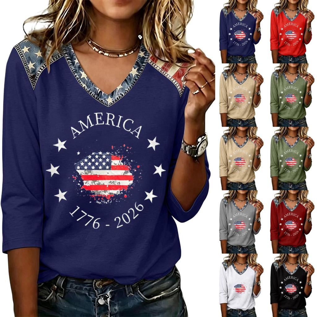 Long Sleeve Shirts for Women Womens Long Sleeve Tops Long Sleeve Tops for Women Womens Long Sleeve T Shirts Flag Print V Neck Tee