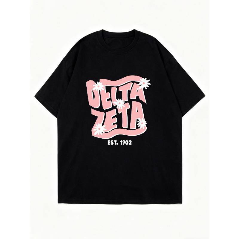 Oversized T Shirt Black Delta Zeta Est 1902 Floral Logo Print Casual Wear For Women