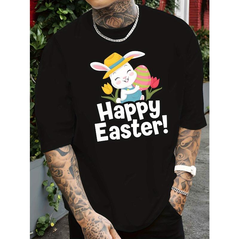 European Size Men's Easter Bunny & Egg Print Short Sleeve T-Shirt - Lightweight Breathable Round Neck Summer Top with Rabbit & Egg Pattern