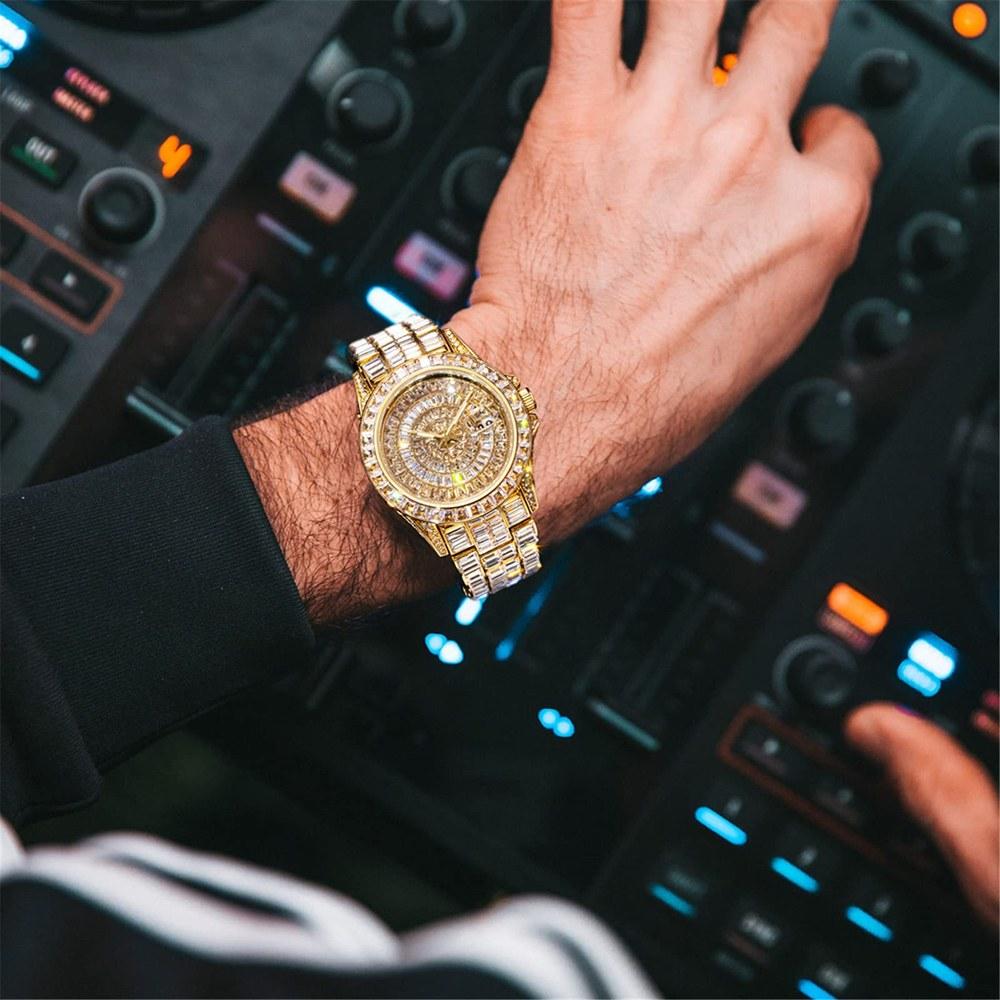 ICEDIAMOND 42mm Ice Out Baguette CZ Diamond Calendar Wristwatch Gold Plated Zirconia Round Dial Quartz Bangle Men's
