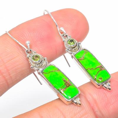 Natural Copper Turquoise,Peridot 925 Solid Sterling Silver Earring 1.75" U6q62