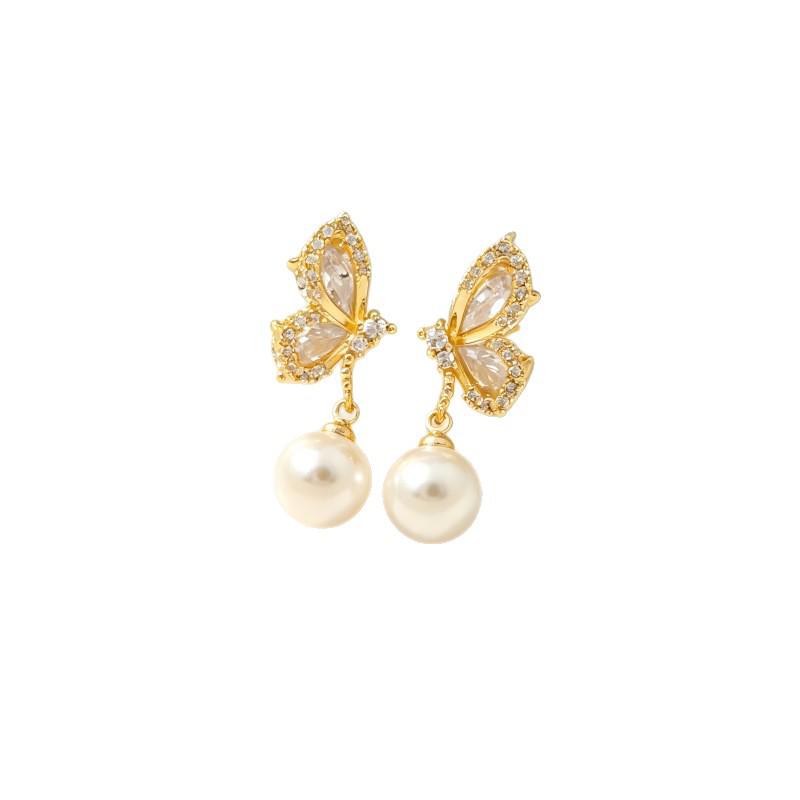 Elegant Zirconia Butterfly & Pearl Long Stud Earrings