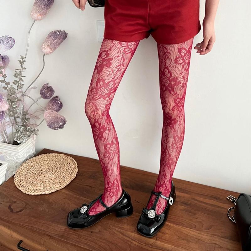 Damen Sexy Ausgeschnittene Durchsichtige Fischgrät-Strumpfhosen Ästhetische Vintage Blumenmuster-Leggings Farbige Netz-Spitzenstrumpfhosen