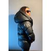 Women's Black Leather Hooded Puffer Coat