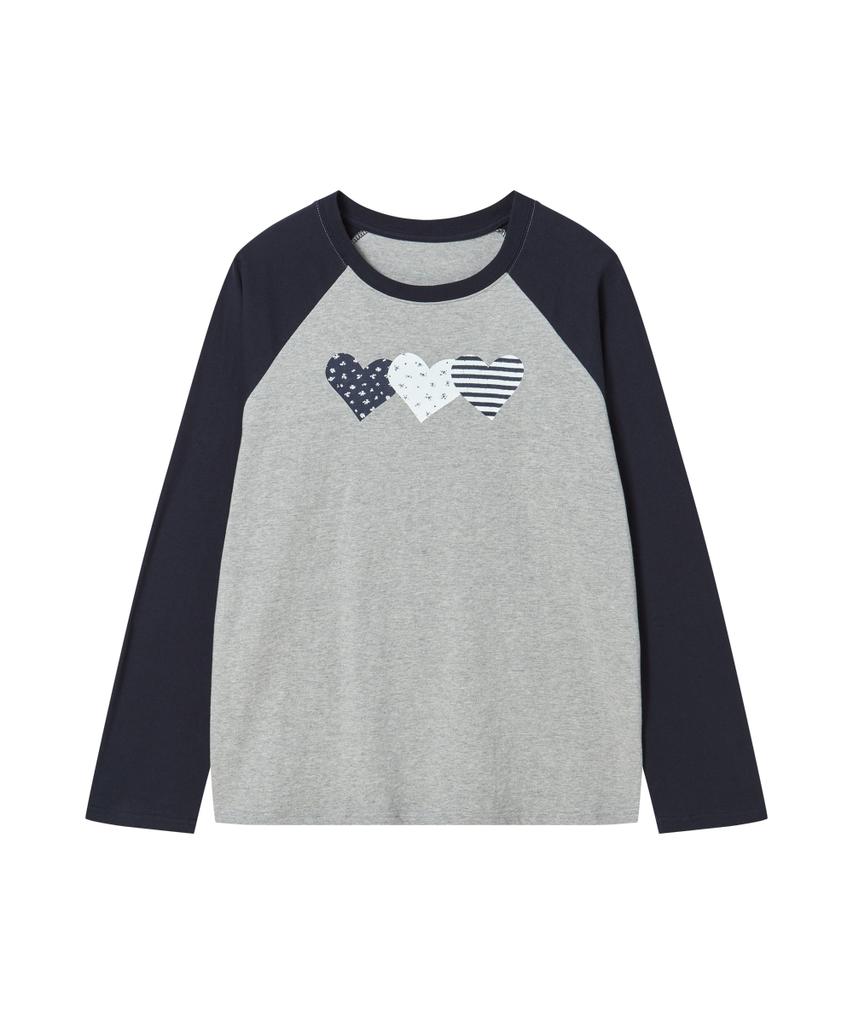 Loginaenloji Heart Printed Cotton Ragian Long Sleeve Gray