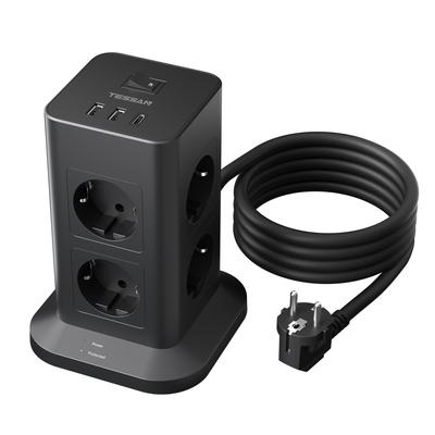 Tessan Schwarze Tower-Steckdosenleiste, vertikal, Überlastschutz, mit 6/8 AC-Steckdosen, 3/4 USB-Anschlüssen, 2 m Verlängerungskabel (2500W / 10A) für Zuhause, Büro