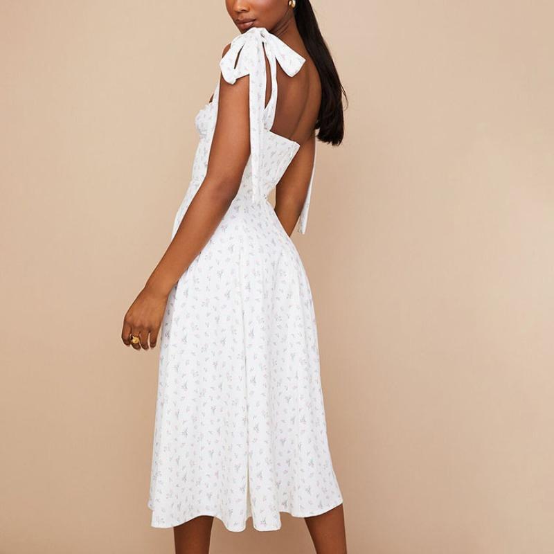 Fashion Floral Backless Summer Women's Dress Sexy Lace-up Spaghetti Strap Split Casual Dresses Women Slim Fit Print Vacation Beach Ladies Dress 26273