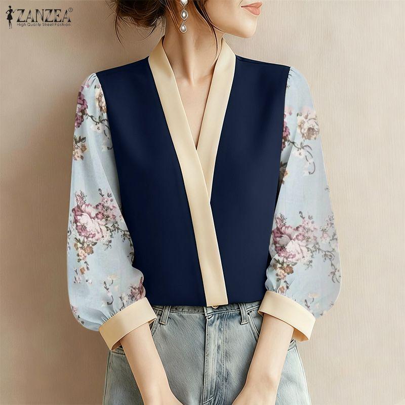 ZANZEA Women Casual V-Neck Print Splice 3/4 Sleeve Blouse