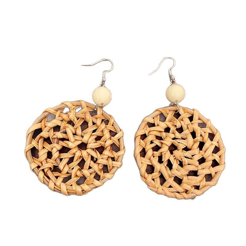 Retro Beach Vacation Style Bohemian Grass and Rattan Braided Feminine Long Island Wooden Ear Hook Earrings