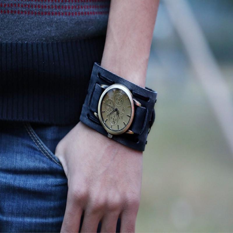 Ретро кожаный браслет часы мужские часы личность коровья кожа Браслет часы чёрный