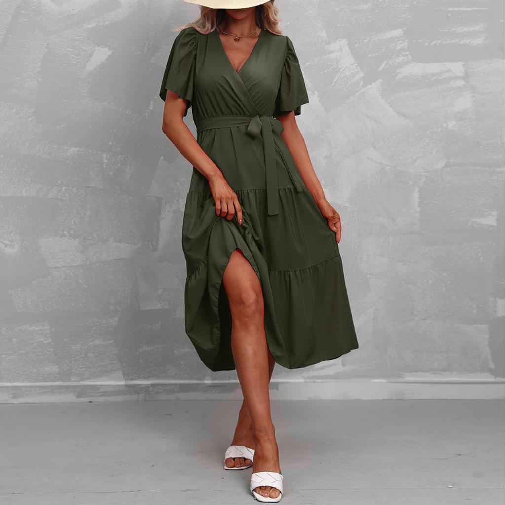 Modisches Damen Sommerkleid in Farbe mit V-Ausschnitt, kurzen Ärmeln und Bindung für den Strandurlaub