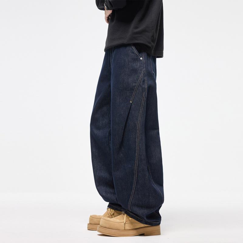 Men's American Retro Wide-Leg Patchwork Jeans - Fade-Resistant Loose Straight Leg Denim