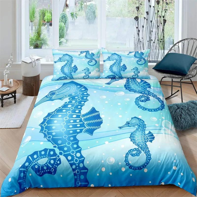 Seahorse Duvet Cover Marine Ocean Animal Print Bedding Set Mediterranean Teal Theme for Kids Women Gifts