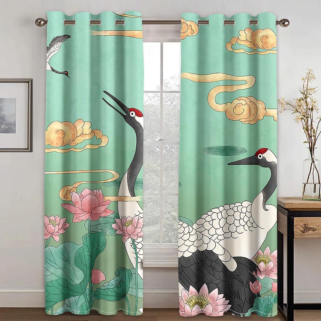 Red Blue Japanese Style Crane Wave Mountain Sun Print High Shading Curtain Bedroom Living Room Hotel Window Curtain 2Panels New
