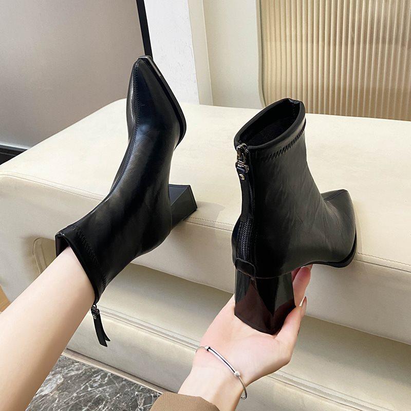 Temperament New Rear Zipper Boots 2025 Versatile High Heel Short Boots Women's Skinny Martin Thick Heel Naked Boots Spring and Autumn Pointed Boots