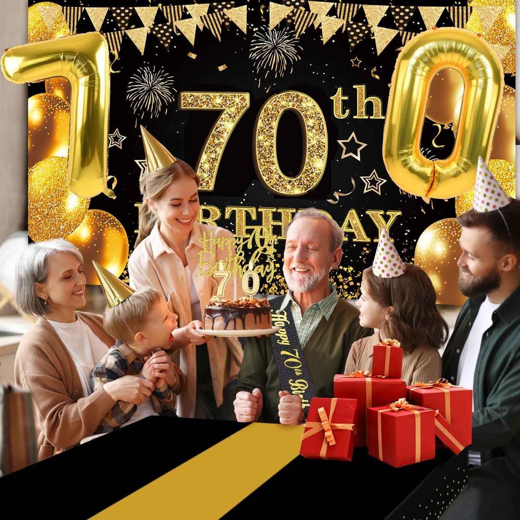 70th Birthday Decorations Men Women with 70th Birthday Banner, Black and Gold Table Cloth,Number Balloons, Large Sash, Cake Topper and Candles