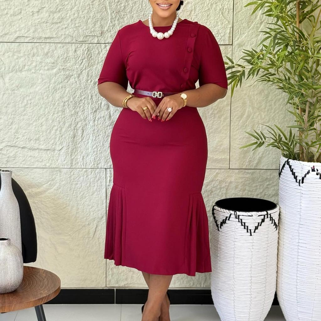 Women Short Sleeve Mermaid Midi Dress Elegant Solid Color Bodycon Casual Work Office Dress