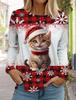 Christmas Cute Animal Cat Women's Long Sleeves T-Shirt Round Neck Long Sleeved Autumn Clothing Holiday Fashion Party T-Shirt
