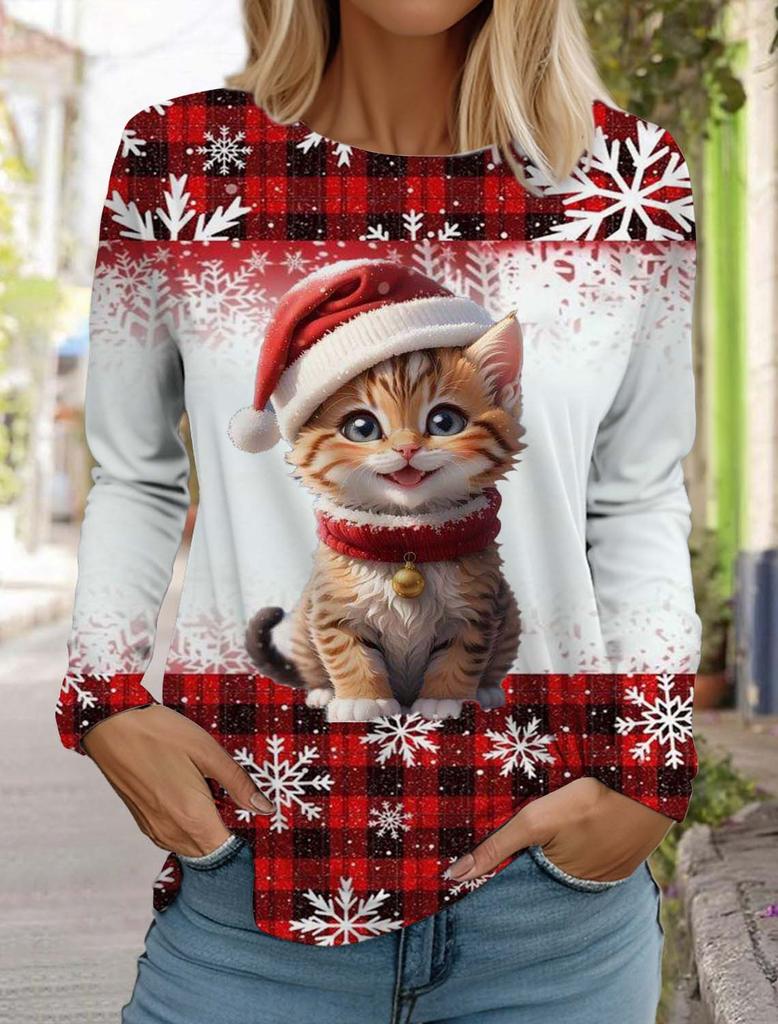 Christmas Cute Animal Cat Women's Long Sleeves T-Shirt Round Neck Long Sleeved Autumn Clothing Holiday Fashion Party T-Shirt