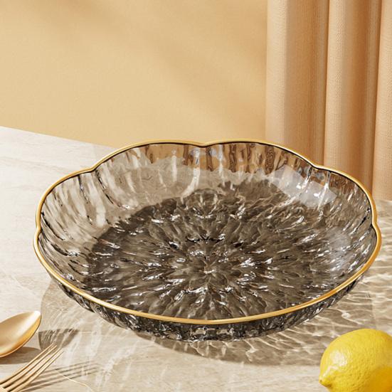 Clear Plastic Serving Bowl, Modern Fruit Bowl with Gold Rim, Multi-use Decorative Snack Bowl for Counter Home Decoration, Kitchen Dining Room Table