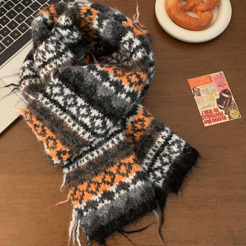 Wool Jacquard Knitted Scarf Printed Winter Wool Neckerchief Sweet Fair Isle Style Scarf  Autumn
