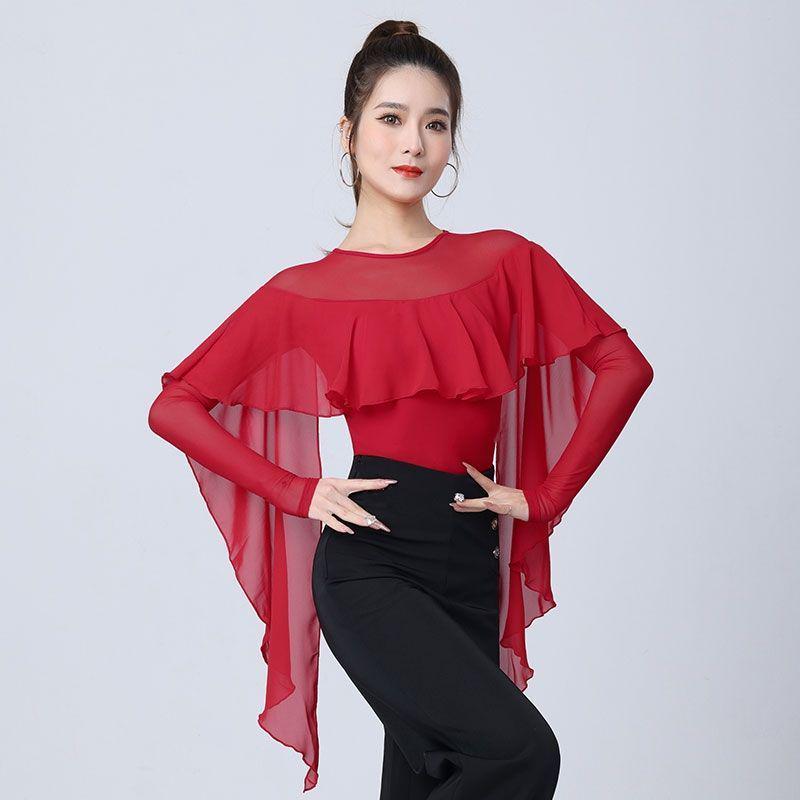 Women's Mesh Splice Ruffle Top Dance Bodysuit for Ballroom & Waltz
