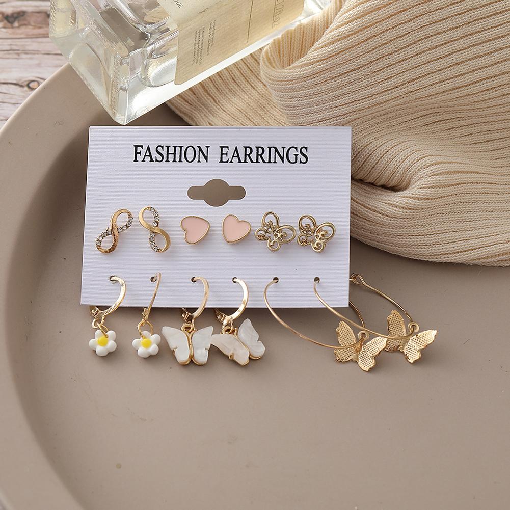 6 Pairs Of Women Alloy Butterfly Hoop Earrings Set Creative Simple 8-shaped Love-shaped Earrings For Valentine Birthday Party Wedding Gift