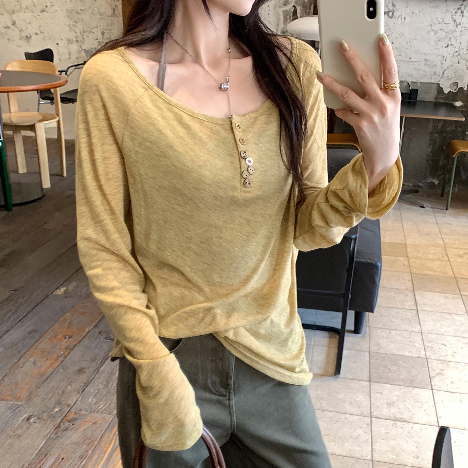 

Tencel One-Shoulder Slimming Long-Sleeve Women’s Top - 2026 Autumn/Winter Korean Style, Loose Off-the-Shoulder Base Layer. Medium жёлтый/хаки