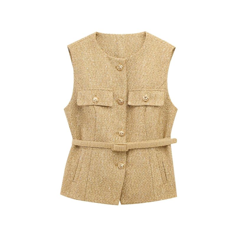 Autumn and Winter New Fashion Slim fit round Neck Sleeveless With Belt Beads Decoration Breasted Texture Vest 9298725