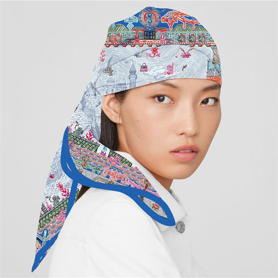 POBING Silk Scarf Women Castle Print Square Scarves Head Echarpes Silk Foulards Femme Wraps Beach Shawl Bandana Lady Hijabs 90CM