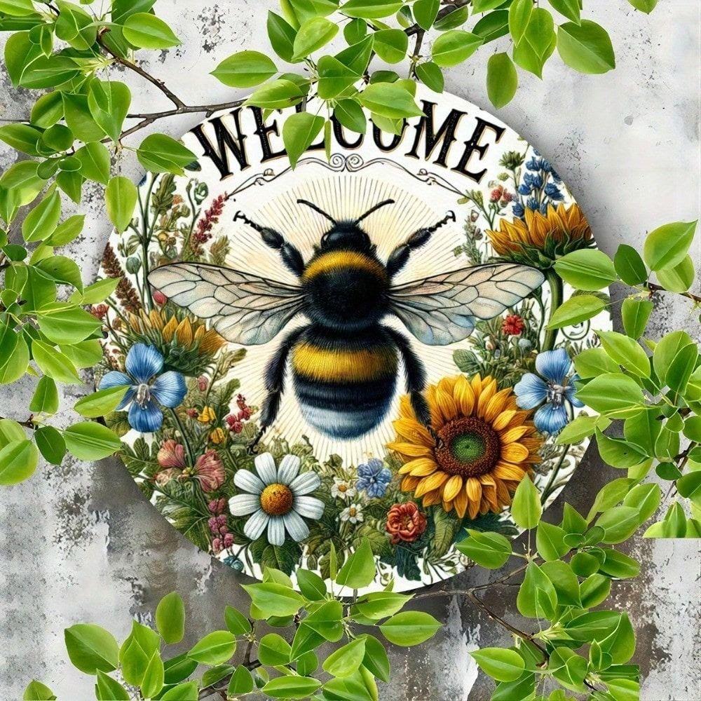 Round Metal Tin Sign 8x8 Inch Bee Flower Vintage Wall Art for Bar