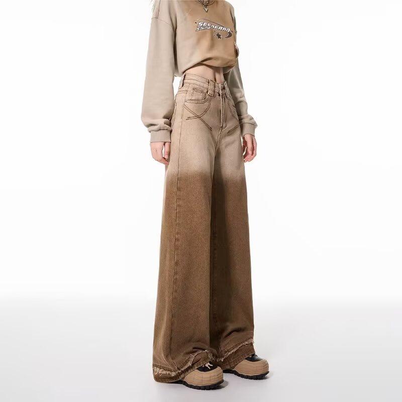 Women's Gradient Brown High-Waisted Wide-Leg Jeans - Spring/Autumn 2024, Loose Slimming Straight-Leg Floor-Length Trousers