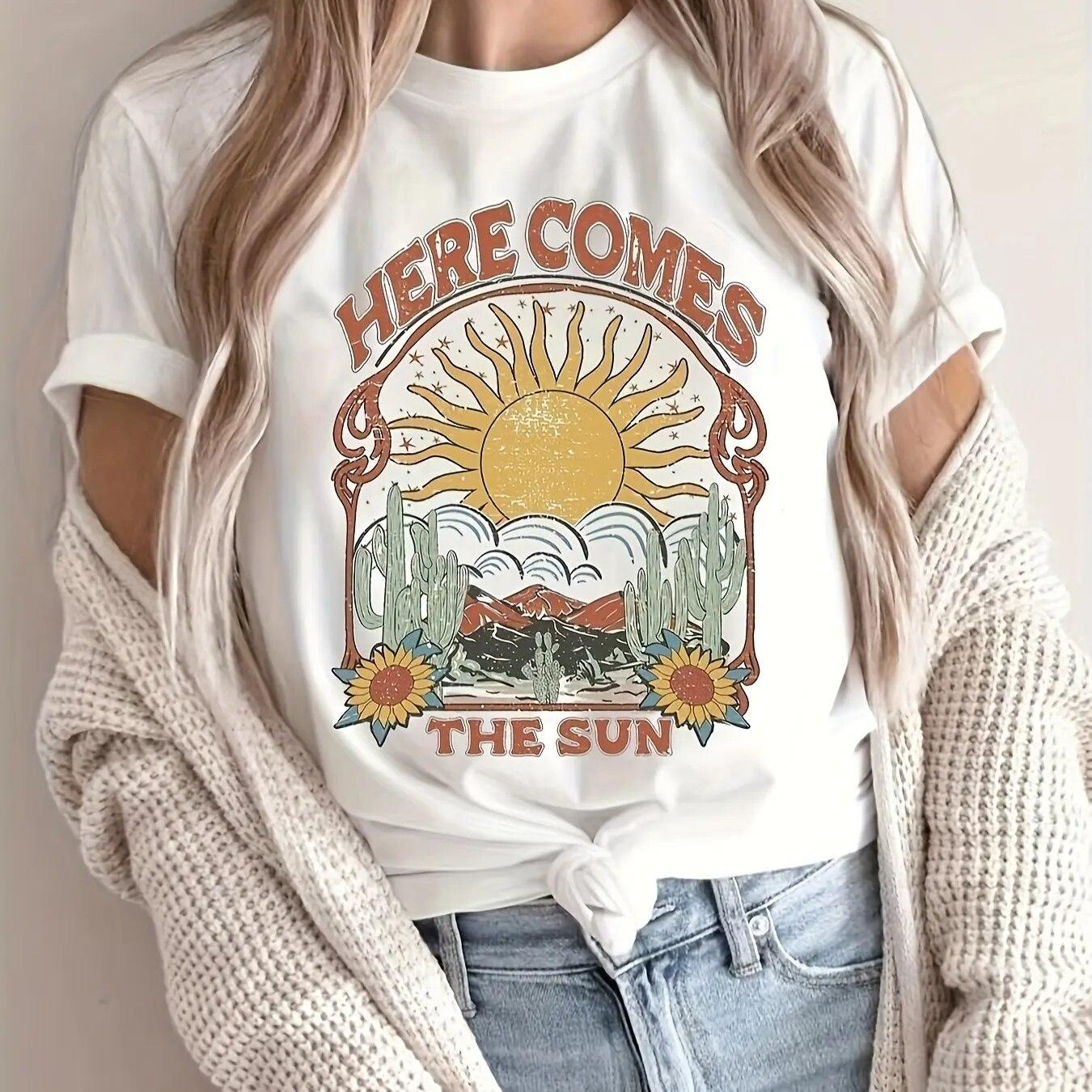 

Футболка з принтом «Сонце та кактус», повсякденний топ з круглим вирізом і короткими рукавами, одяг WoUnisex унісекс 4XL