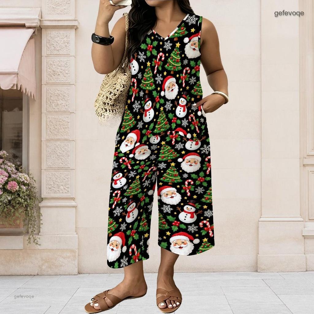 Women Plus Size V Neck Sleeveless Christmas Printed Red Wide Leg Pants Set With Pockets