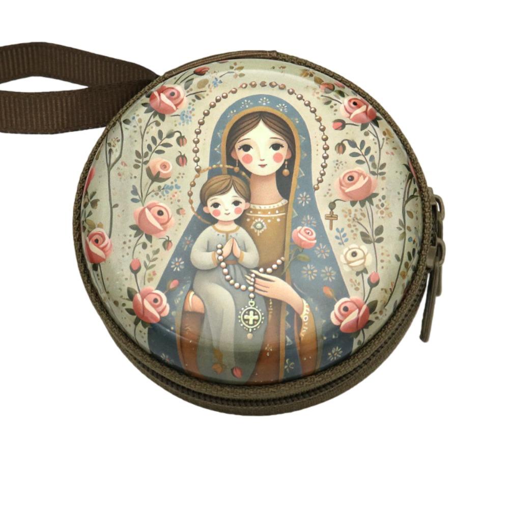 Virgin Mary Prayer Rosary Storage Bag Iron Artwork Zippered Religious Jewelry Box round Elegant Religious Articles Catholic Use