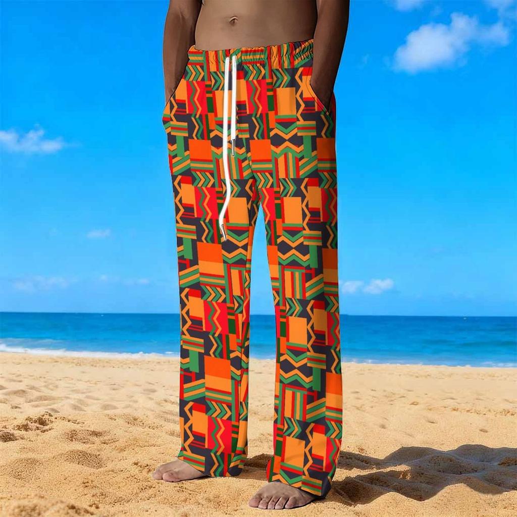 Men Orange Green Red African Kente Geometric Print Drawstring Straight Trousers With Side Pockets Ethnic Bottoms