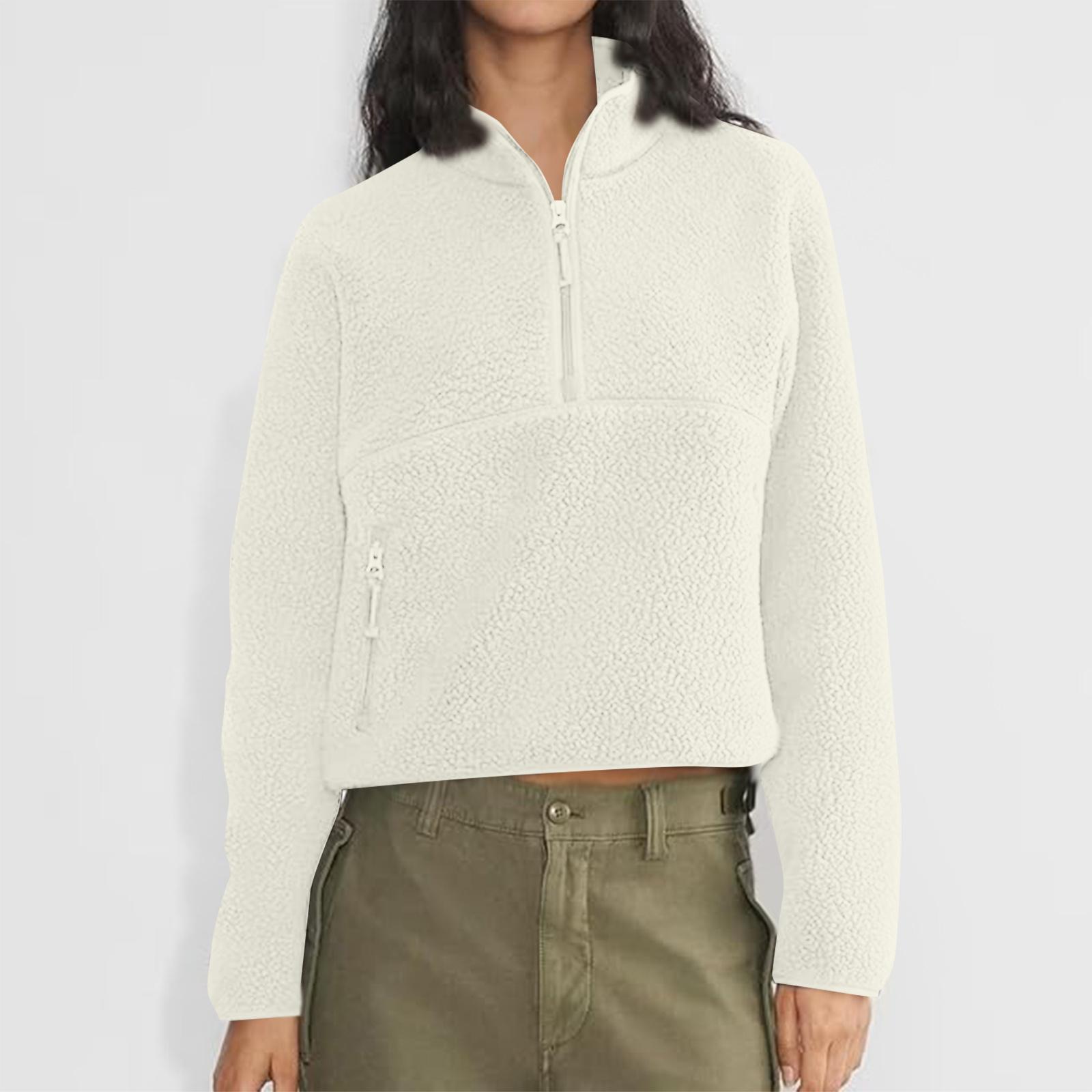 Women s Short Half-Zip Fleece Sweatshirt Plush Warm Cardigan L бежевый